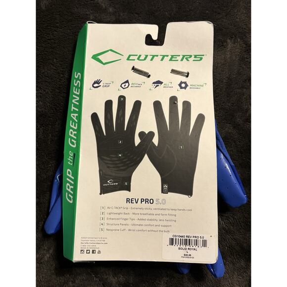 CUTTERS ' EXTREME GRIP ' REV PRO 5.0 RECIEVER GLOVES ' LG ' SOLID ROYAL NWT - Picture 3 of 3